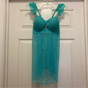 Chic Teal Lace Chemise with Red Accents, size L